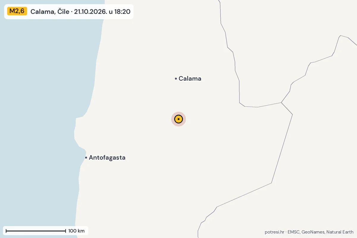 Karta: šire područje, 600 km, potres M2,6, Calama, Čile, 21.10.2026.