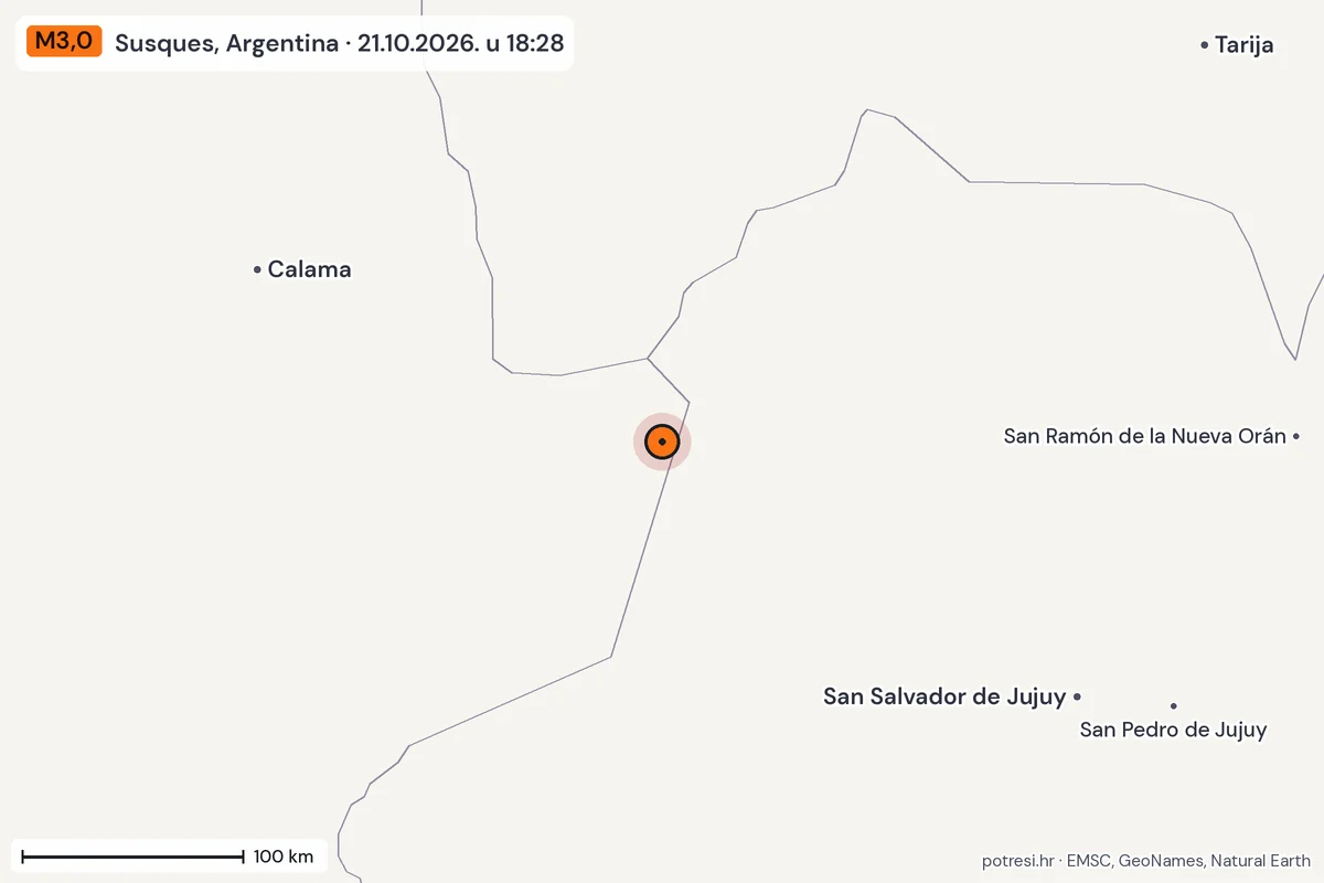 Karta: šire područje, 600 km, potres M3,0, Susques, Argentina, 21.10.2026.