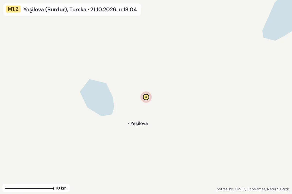 Karta: okolica epicentra, 60 km, potres M1,2, Yeşilova (Burdur), Turska, 21.10.2026.