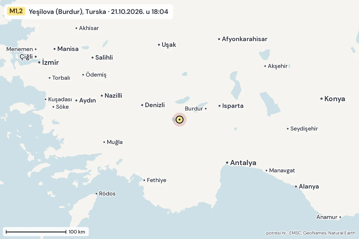 Karta: šire područje, 600 km, potres M1,2, Yeşilova (Burdur), Turska, 21.10.2026.