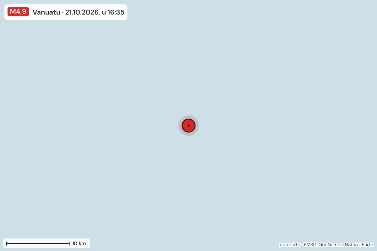 Karta: okolica epicentra, 60 km, potres M4,9, Vanuatu, 21.10.2026.