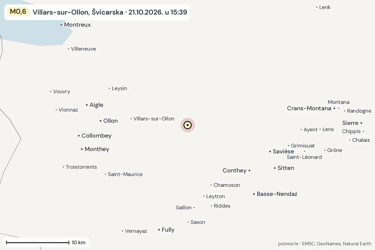 Karta: okolica epicentra, 60 km, potres M0,6, Villars-sur-Ollon, Švicarska, 21.10.2026.