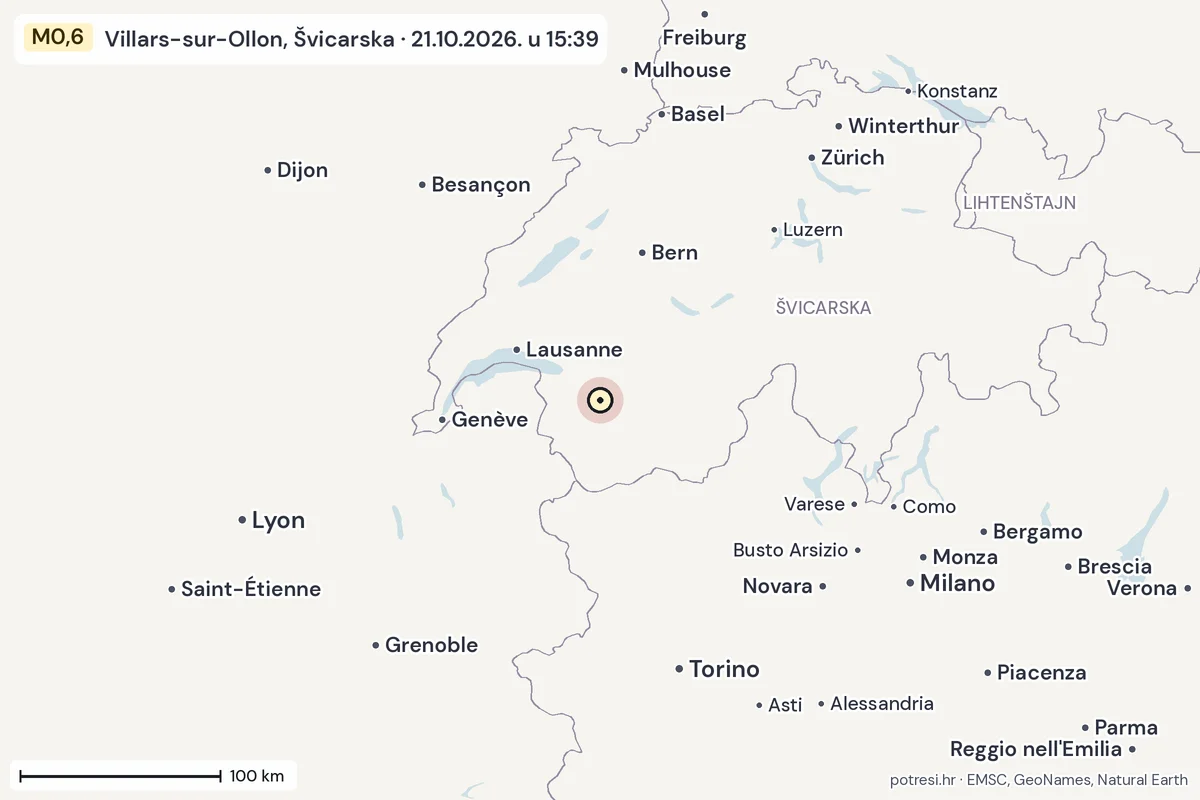 Karta: šire područje, 600 km, potres M0,6, Villars-sur-Ollon, Švicarska, 21.10.2026.