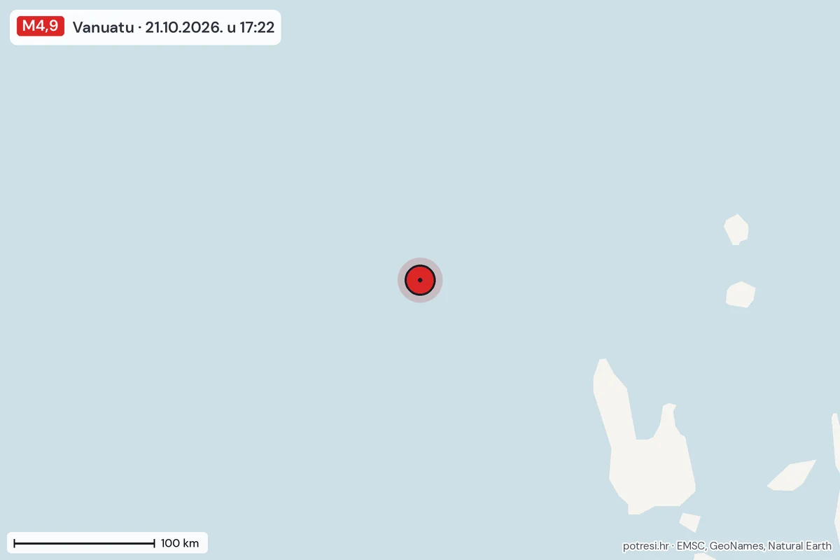 Karta: šire područje, 600 km, potres M4,9, Vanuatu, 21.10.2026.