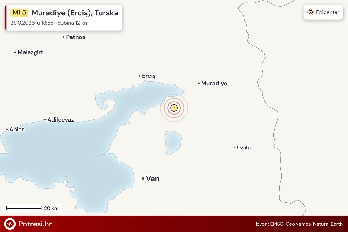 Karta: šire područje i vjerojatni doseg osjeta, potres M1,5, Muradiye (Erciş), Turska, 21.10.2026.