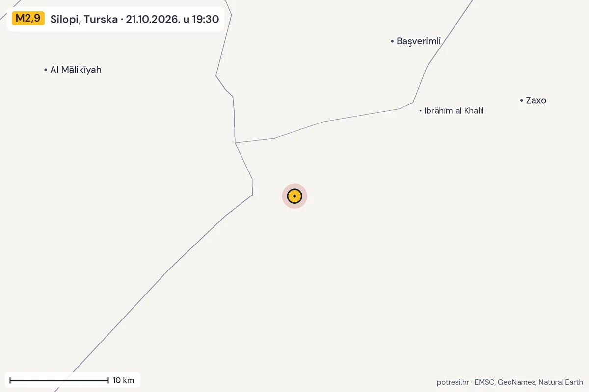 Karta: okolica epicentra, 60 km, potres M2,9, Silopi, Turska, 21.10.2026.
