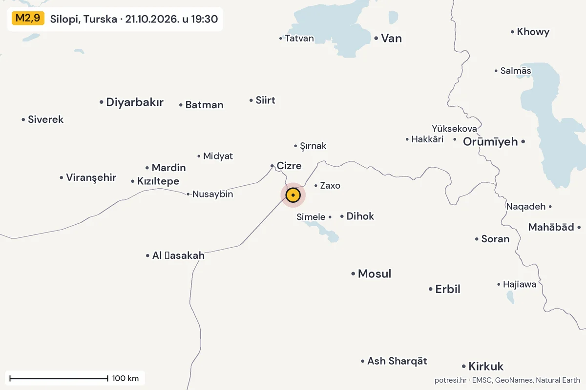 Karta: šire područje, 600 km, potres M2,9, Silopi, Turska, 21.10.2026.