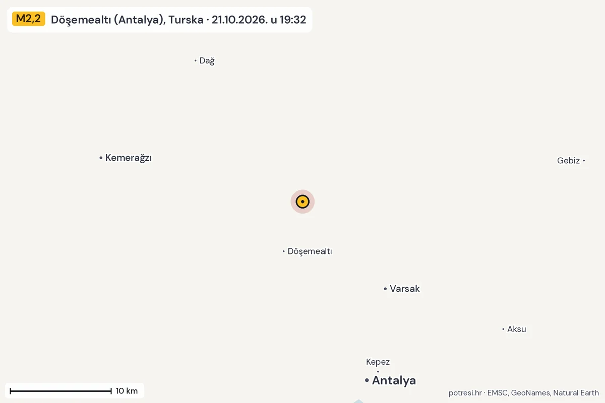 Karta: okolica epicentra, 60 km, potres M2,2, Döşemealtı (Antalya), Turska, 21.10.2026.