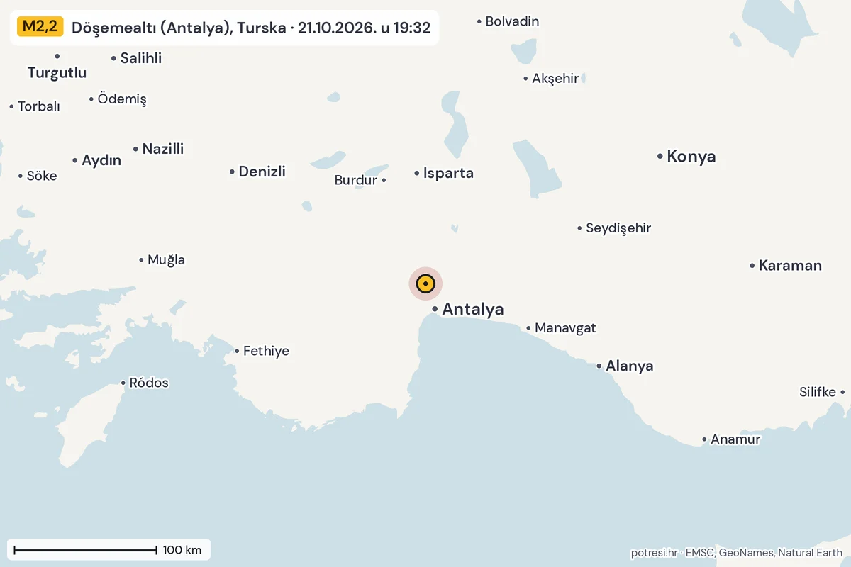 Karta: šire područje, 600 km, potres M2,2, Döşemealtı (Antalya), Turska, 21.10.2026.