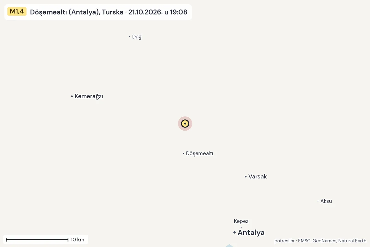 Karta: okolica epicentra, 60 km, potres M1,4, Döşemealtı (Antalya), Turska, 21.10.2026.