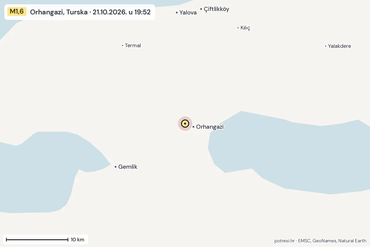 Karta: okolica epicentra, 60 km, potres M1,6, Orhangazi, Turska, 21.10.2026.