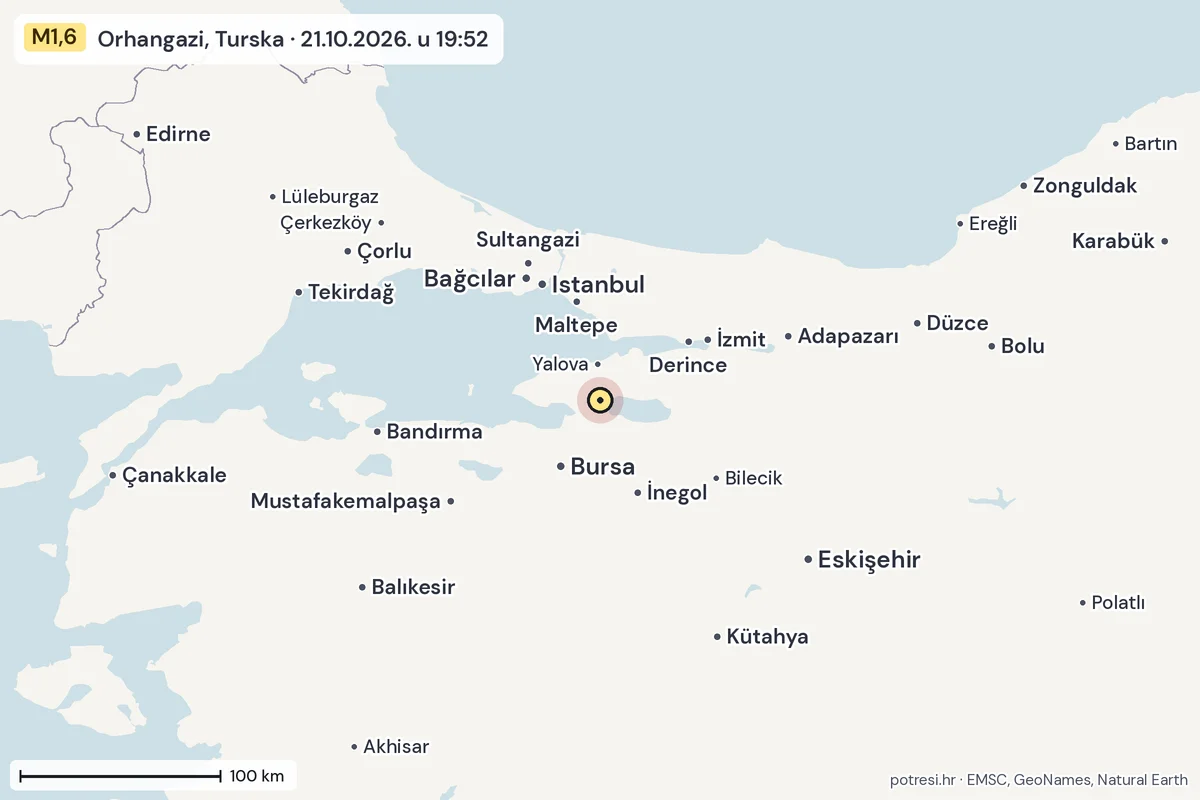 Karta: šire područje, 600 km, potres M1,6, Orhangazi, Turska, 21.10.2026.