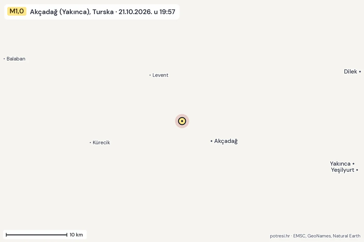 Karta: okolica epicentra, 60 km, potres M1,0, Akçadağ (Yakınca), Turska, 21.10.2026.