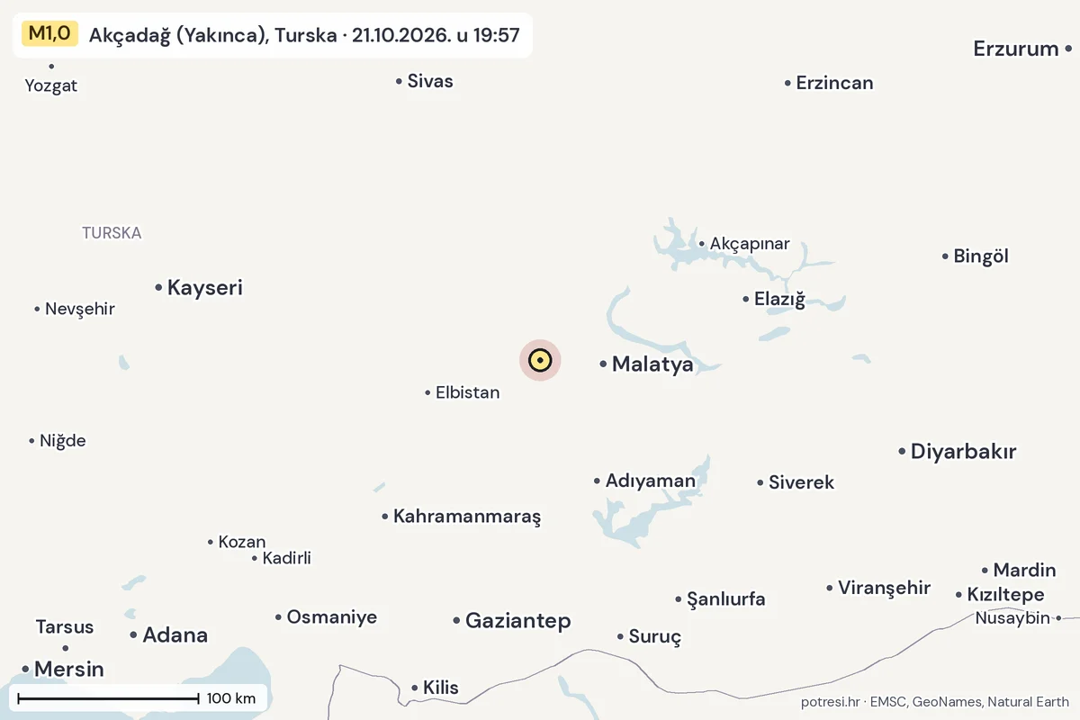 Karta: šire područje, 600 km, potres M1,0, Akçadağ (Yakınca), Turska, 21.10.2026.