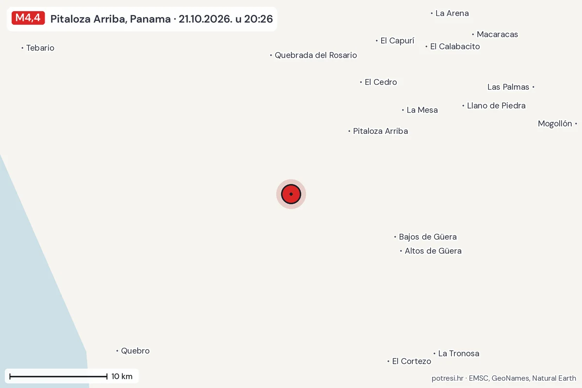 Karta: okolica epicentra, 60 km, potres M4,4, Pitaloza Arriba, Panama, 21.10.2026.