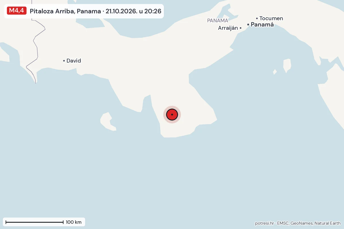 Karta: šire područje, 600 km, potres M4,4, Pitaloza Arriba, Panama, 21.10.2026.