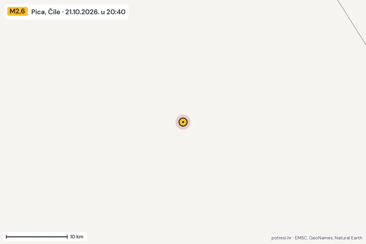 Karta: okolica epicentra, 60 km, potres M2,6, Pica, Čile, 21.10.2026.