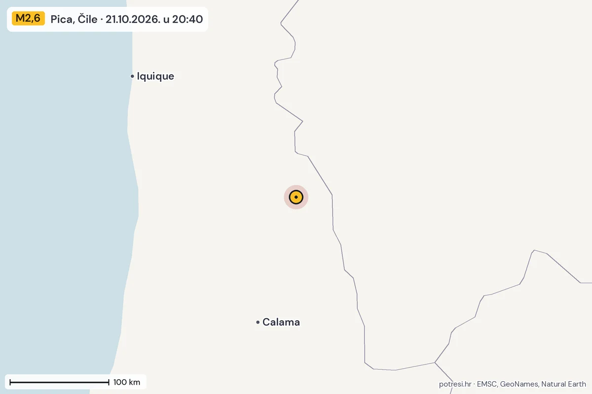 Karta: šire područje, 600 km, potres M2,6, Pica, Čile, 21.10.2026.