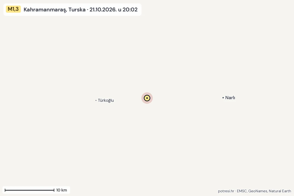 Karta: okolica epicentra, 60 km, potres M1,3, Kahramanmaraş, Turska, 21.10.2026.