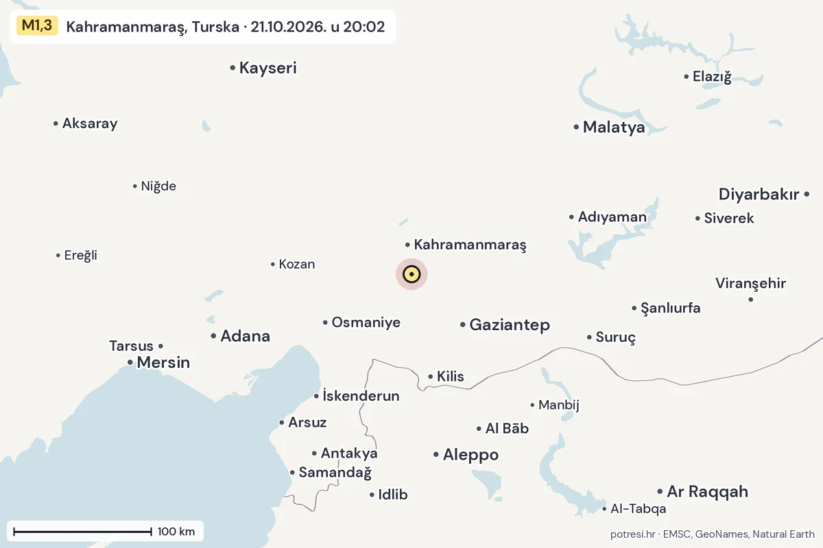 Karta: šire područje, 600 km, potres M1,3, Kahramanmaraş, Turska, 21.10.2026.