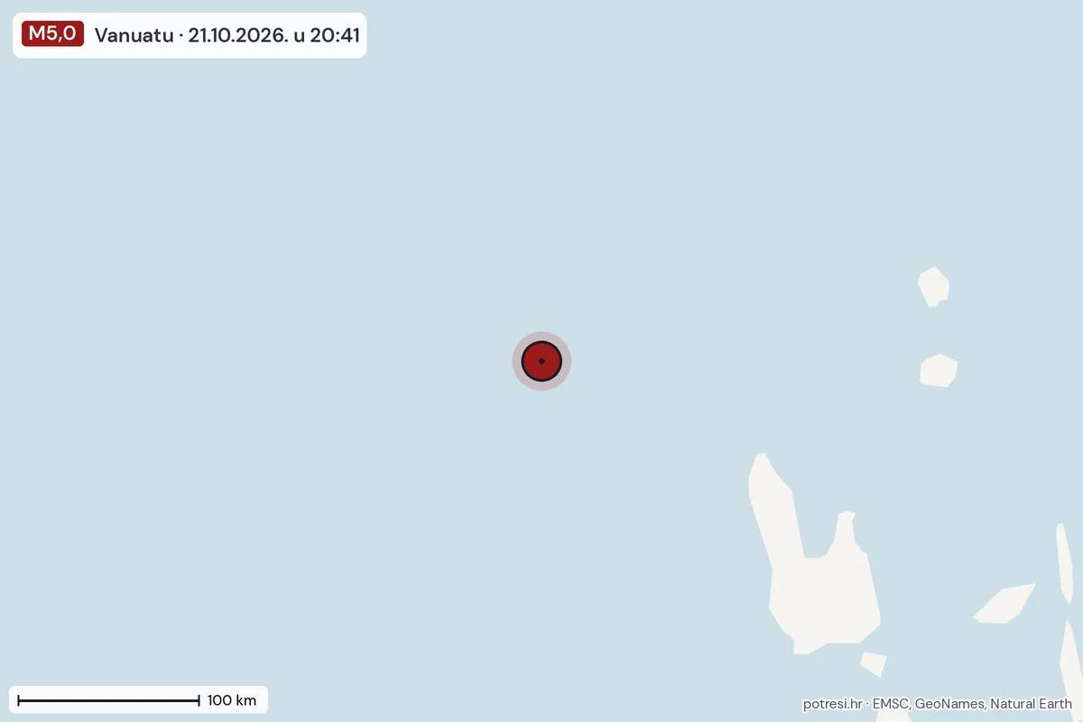 Karta: šire područje, 600 km, potres M5,0, Vanuatu, 21.10.2026.
