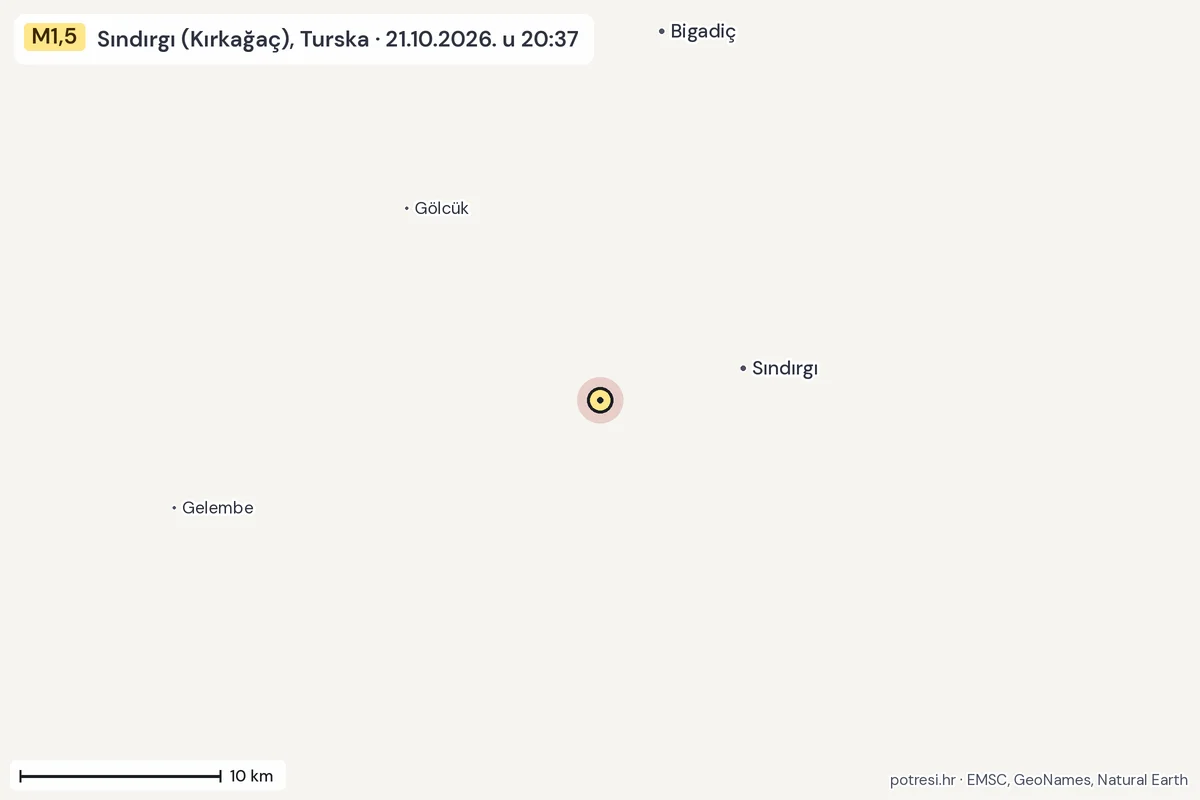 Karta: okolica epicentra, 60 km, potres M1,5, Sındırgı (Kırkağaç), Turska, 21.10.2026.