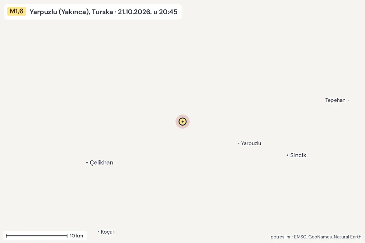 Karta: okolica epicentra, 60 km, potres M1,6, Yarpuzlu (Yakınca), Turska, 21.10.2026.