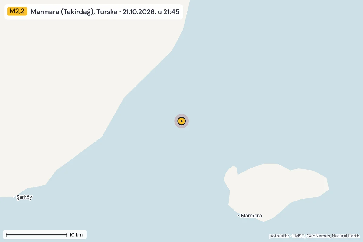 Karta: okolica epicentra, 60 km, potres M2,2, Marmara (Tekirdağ), Turska, 21.10.2026.