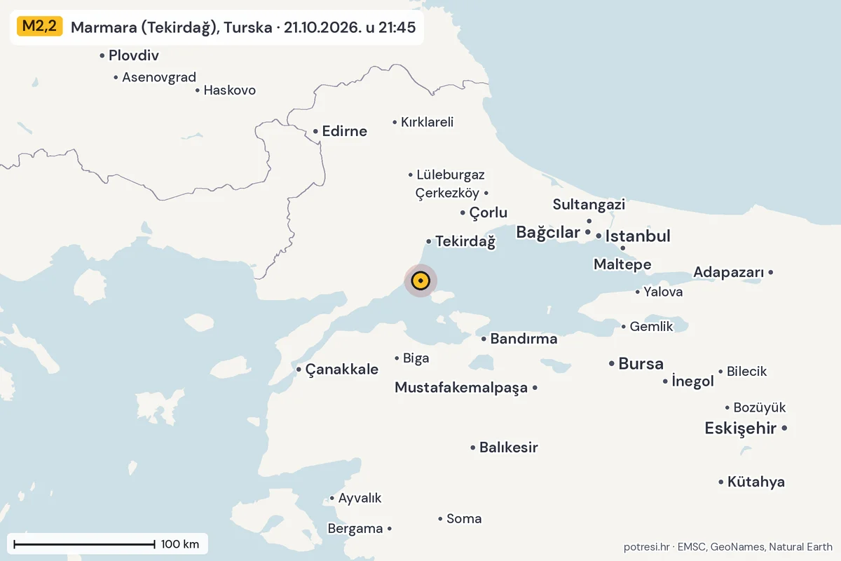 Karta: šire područje, 600 km, potres M2,2, Marmara (Tekirdağ), Turska, 21.10.2026.