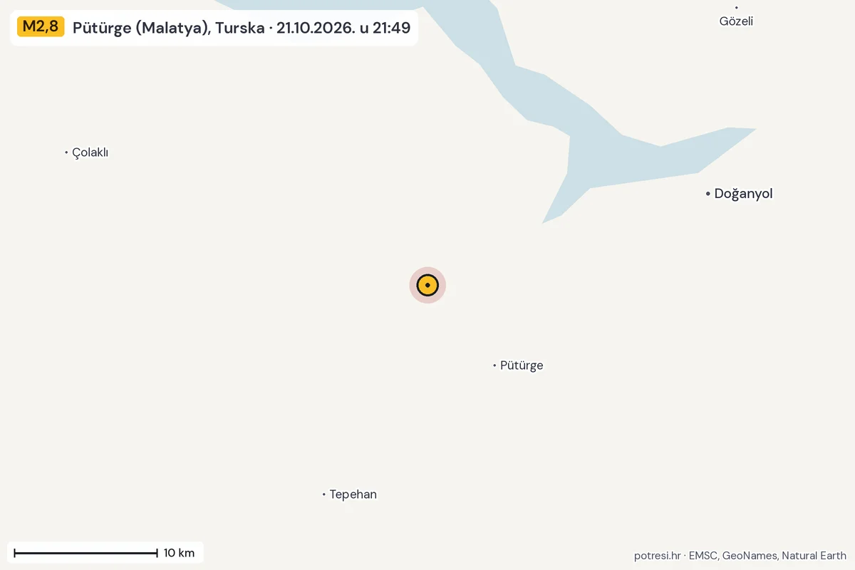 Karta: okolica epicentra, 60 km, potres M2,8, Pütürge (Malatya), Turska, 21.10.2026.