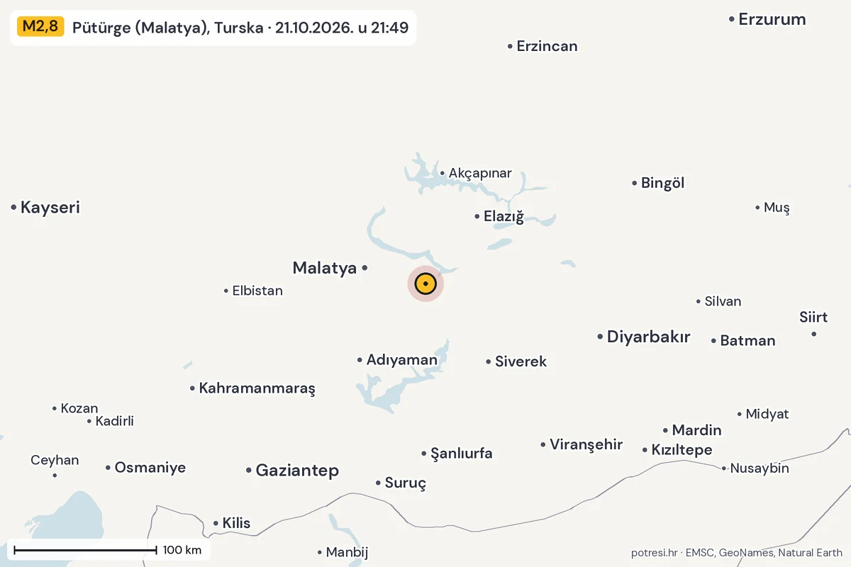 Karta: šire područje, 600 km, potres M2,8, Pütürge (Malatya), Turska, 21.10.2026.
