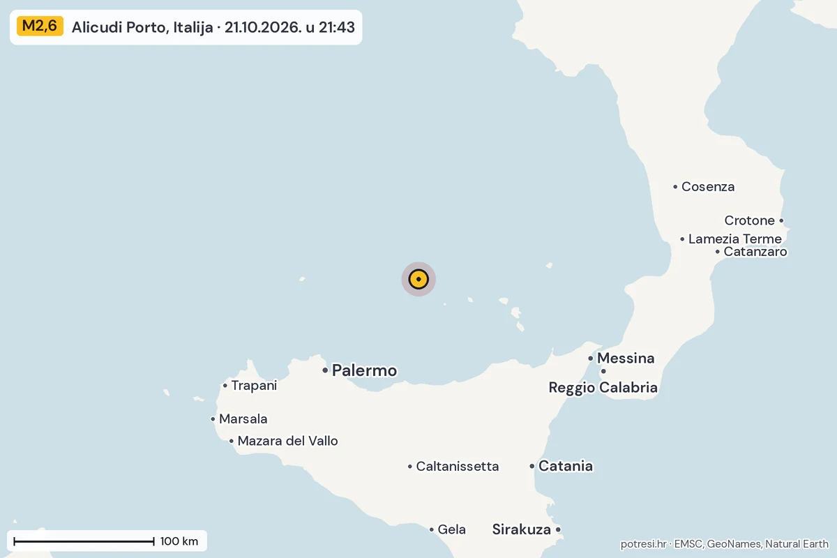 Karta: šire područje, 600 km, potres M2,6, Alicudi Porto, Italija, 21.10.2026.