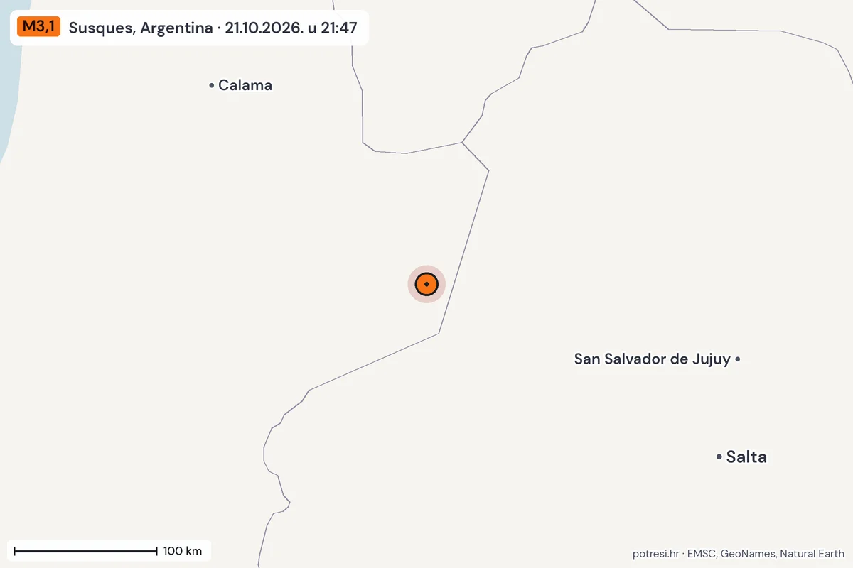 Karta: šire područje, 600 km, potres M3,1, Susques, Argentina, 21.10.2026.