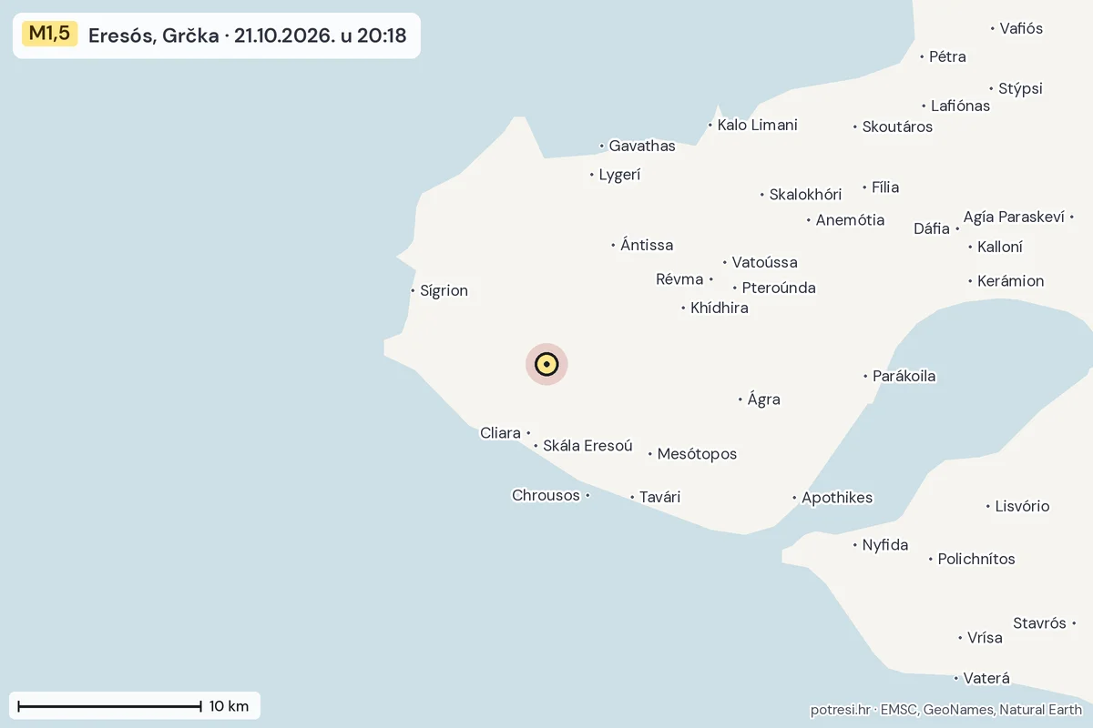 Karta: okolica epicentra, 60 km, potres M1,5, Eresós, Grčka, 21.10.2026.