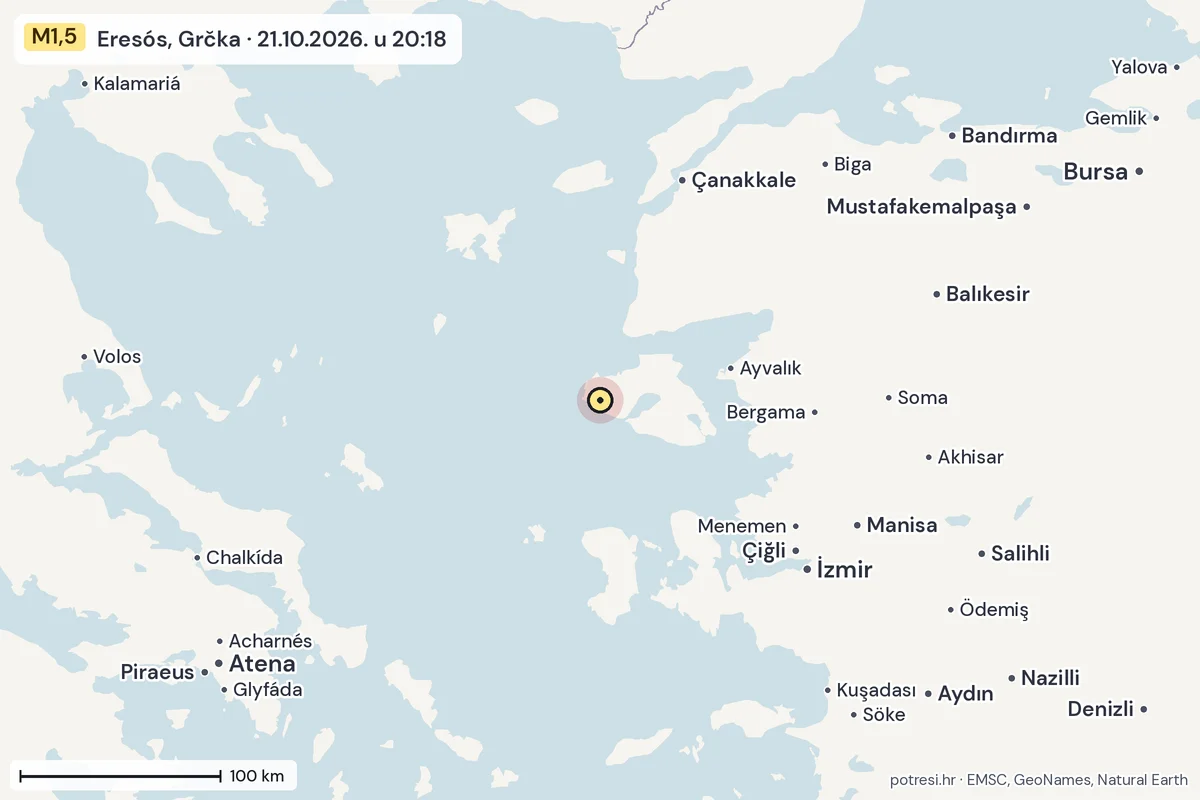 Karta: šire područje, 600 km, potres M1,5, Eresós, Grčka, 21.10.2026.