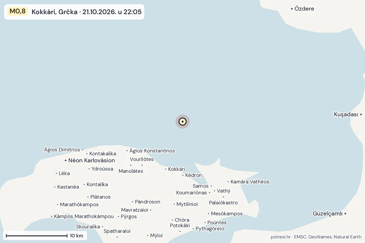 Karta: okolica epicentra, 60 km, potres M0,8, Kokkári, Grčka, 21.10.2026.