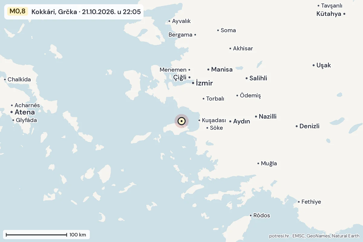Karta: šire područje, 600 km, potres M0,8, Kokkári, Grčka, 21.10.2026.