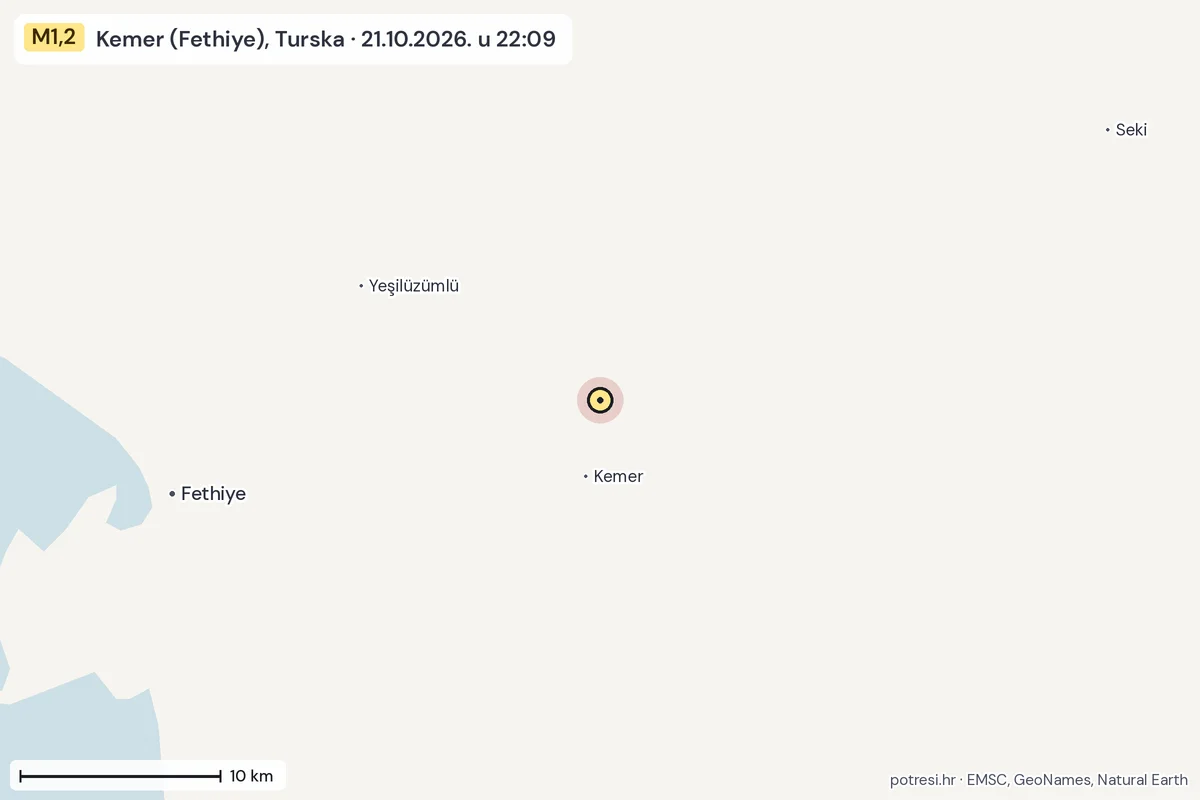 Karta: okolica epicentra, 60 km, potres M1,2, Kemer (Fethiye), Turska, 21.10.2026.