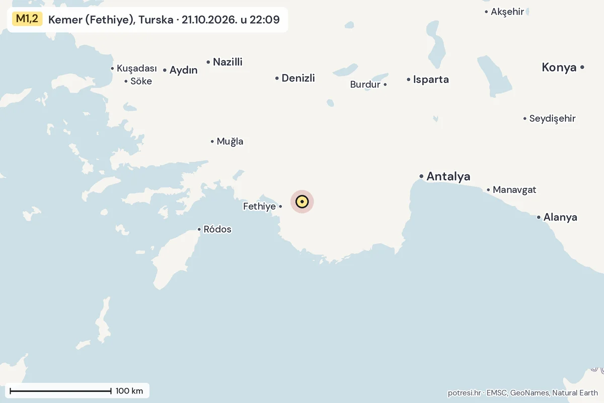 Karta: šire područje, 600 km, potres M1,2, Kemer (Fethiye), Turska, 21.10.2026.