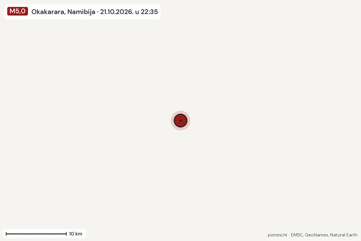 Karta: okolica epicentra, 60 km, potres M5,0, Okakarara, Namibija, 21.10.2026.