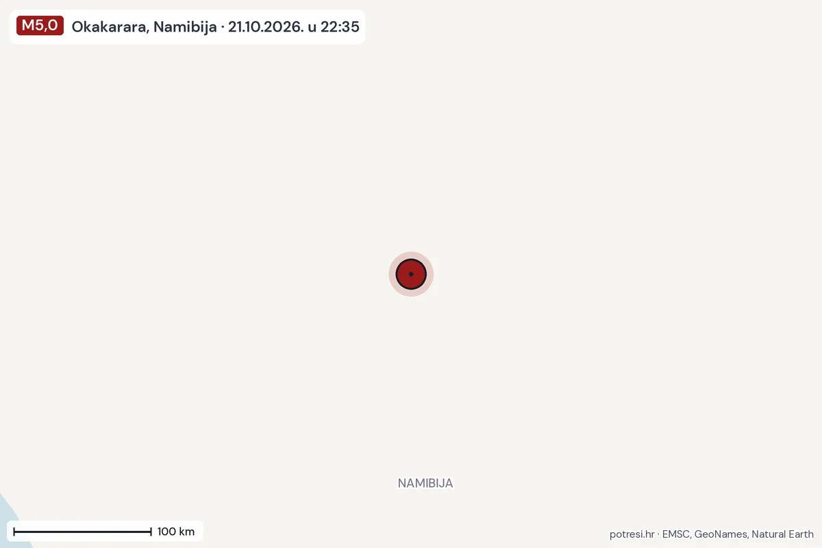 Karta: šire područje, 600 km, potres M5,0, Okakarara, Namibija, 21.10.2026.