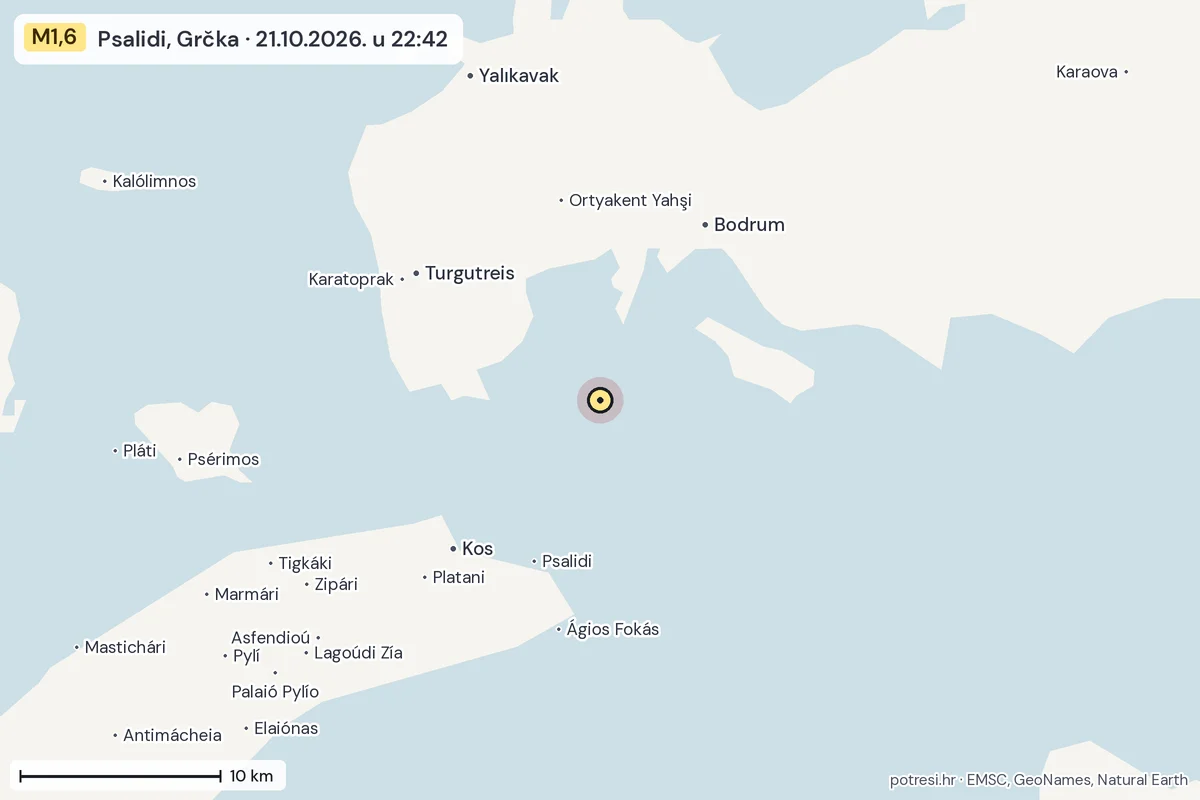 Karta: okolica epicentra, 60 km, potres M1,6, Psalidi, Grčka, 21.10.2026.