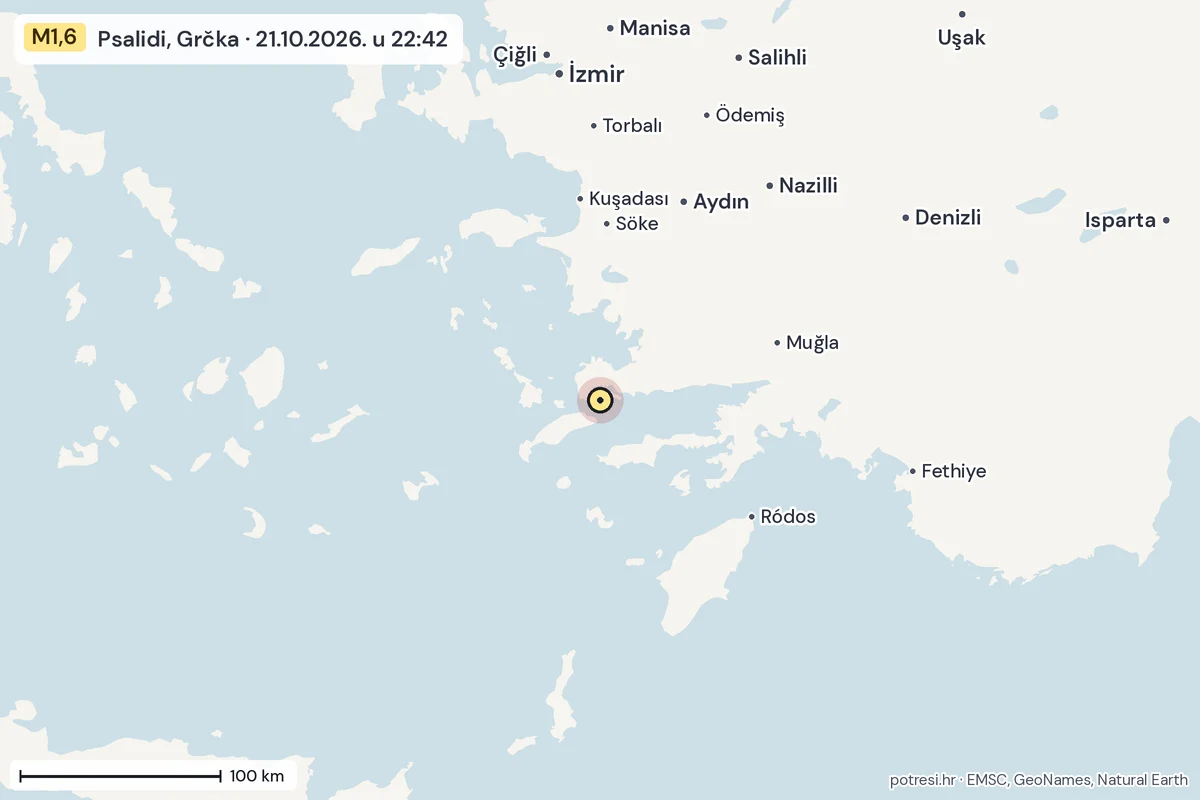 Karta: šire područje, 600 km, potres M1,6, Psalidi, Grčka, 21.10.2026.