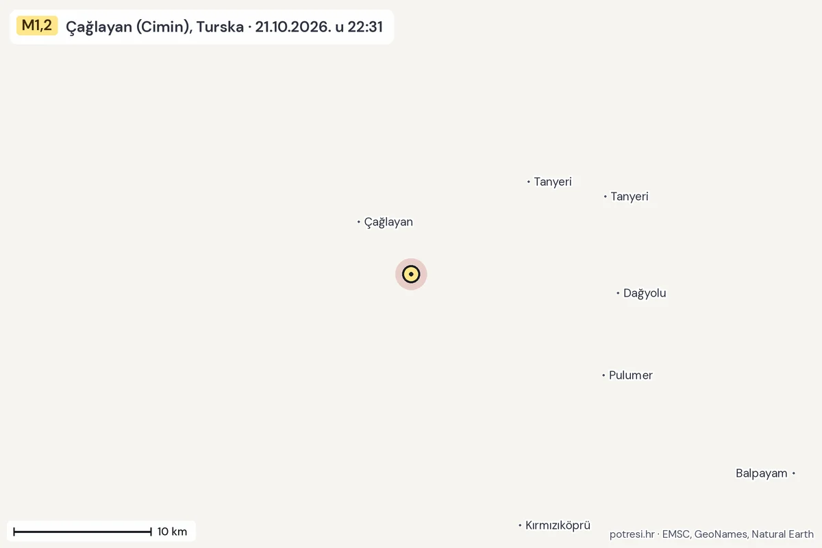 Karta: okolica epicentra, 60 km, potres M1,2, Çağlayan (Cimin), Turska, 21.10.2026.
