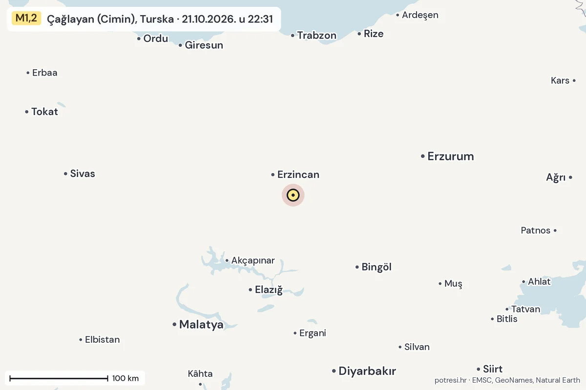 Karta: šire područje, 600 km, potres M1,2, Çağlayan (Cimin), Turska, 21.10.2026.