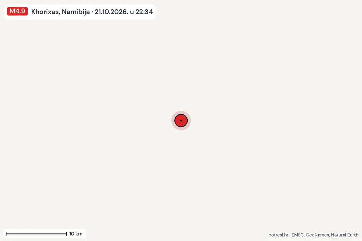 Karta: okolica epicentra, 60 km, potres M4,9, Khorixas, Namibija, 21.10.2026.