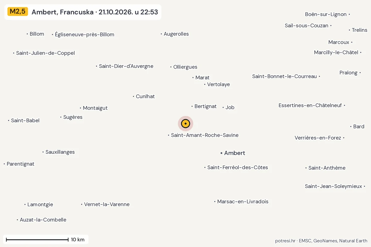 Karta: okolica epicentra, 60 km, potres M2,5, Ambert, Francuska, 21.10.2026.
