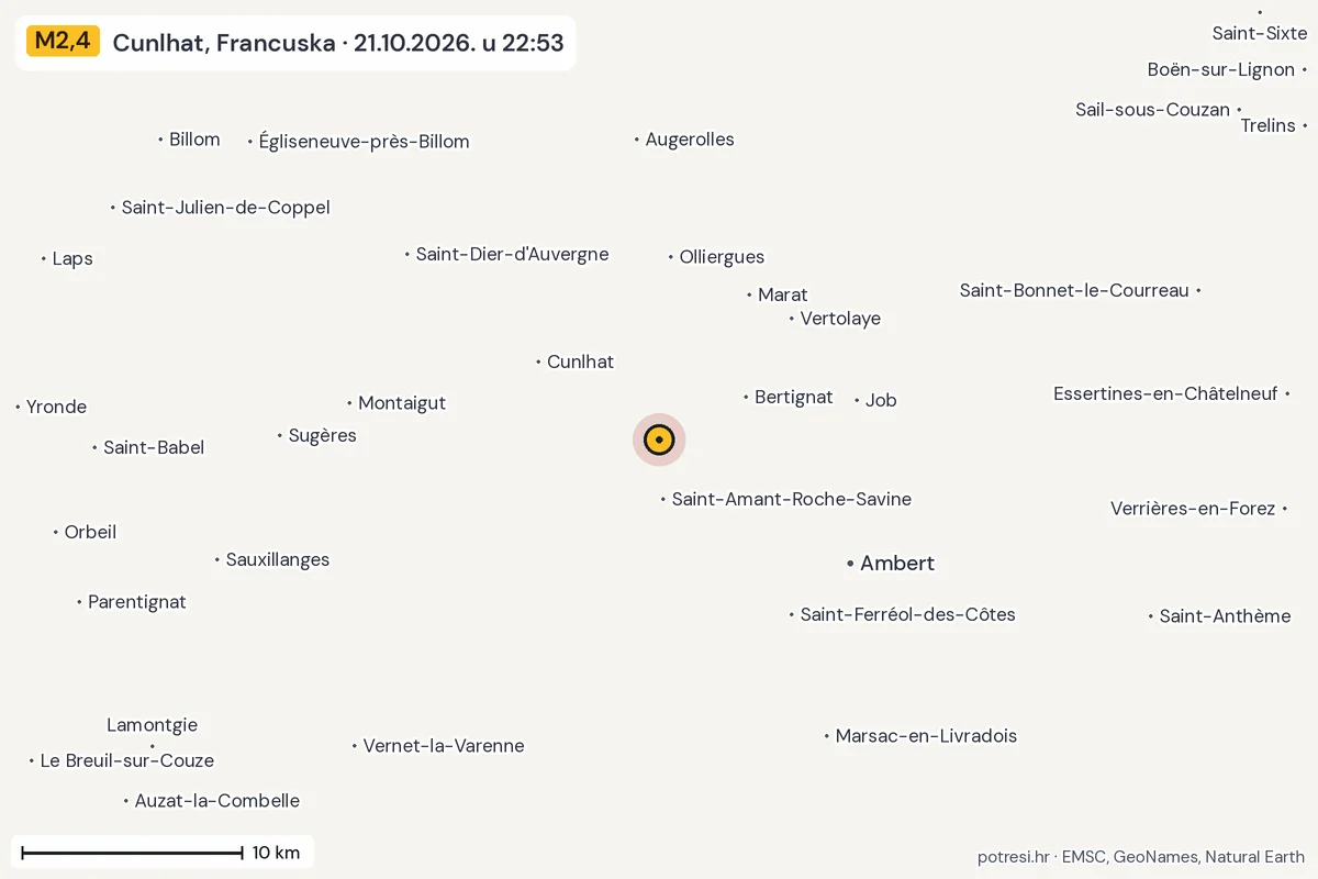 Karta: okolica epicentra, 60 km, potres M2,4, Cunlhat, Francuska, 21.10.2026.