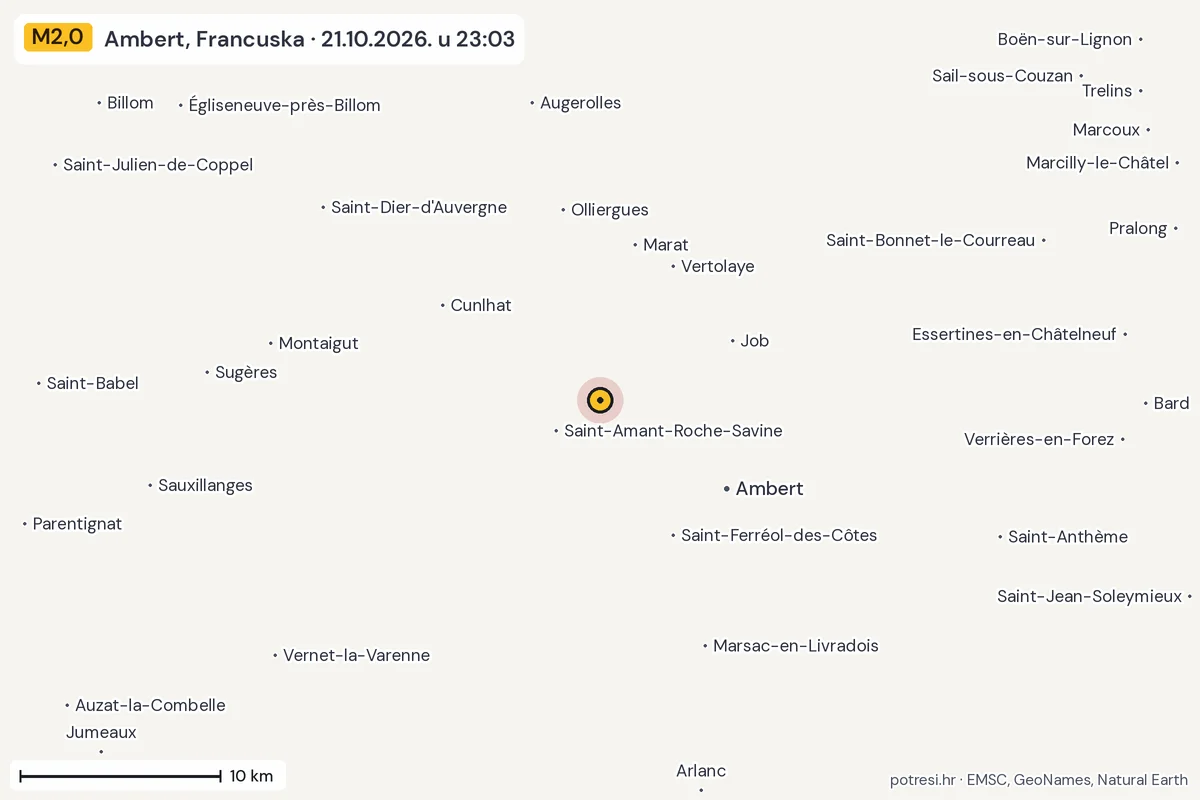 Karta: okolica epicentra, 60 km, potres M2,0, Ambert, Francuska, 21.10.2026.