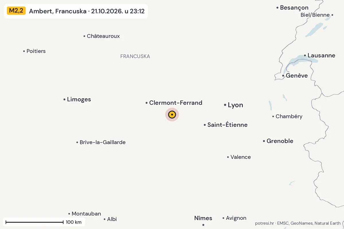 Karta: šire područje, 600 km, potres M2,2, Ambert, Francuska, 21.10.2026.
